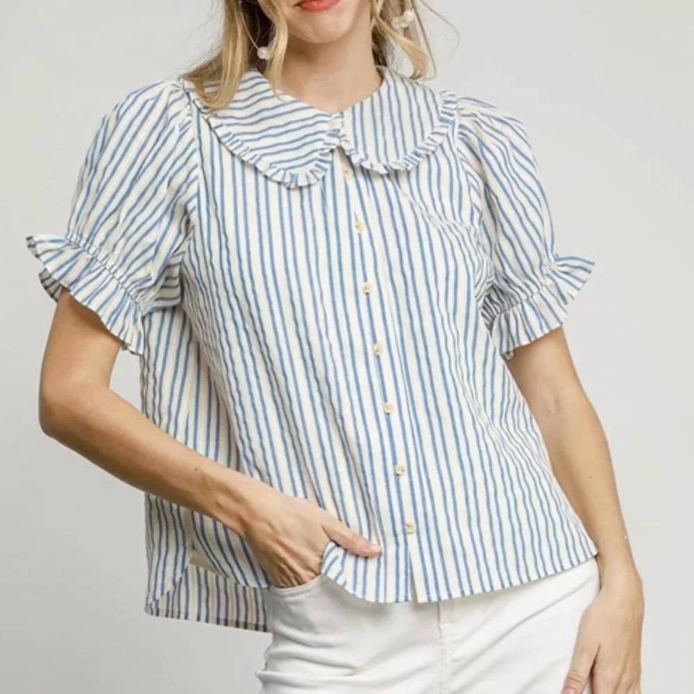 Blue striped button up blouse with ruffle collar